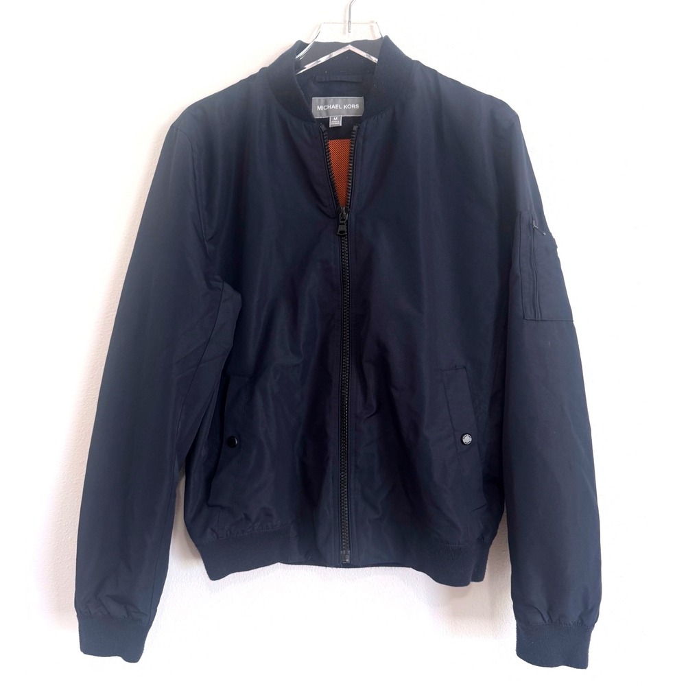 Michael Kors Men's Navy Blue Bomber Flight Jacket with Orange Lining